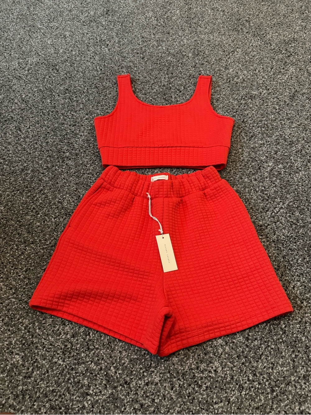 Gilded Intent Red Waffle Knit Athletic Crop Top & Shorts Set